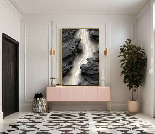 Großer 3D-Leinwanddruck, abstrakte gerahmte Wandkunst, schwebender Rahmen schwarz weiß Kunstwerk, moderne Wohnzimmer Wandkunst, konzeptuelles Schlafzimmer Kunstwerk