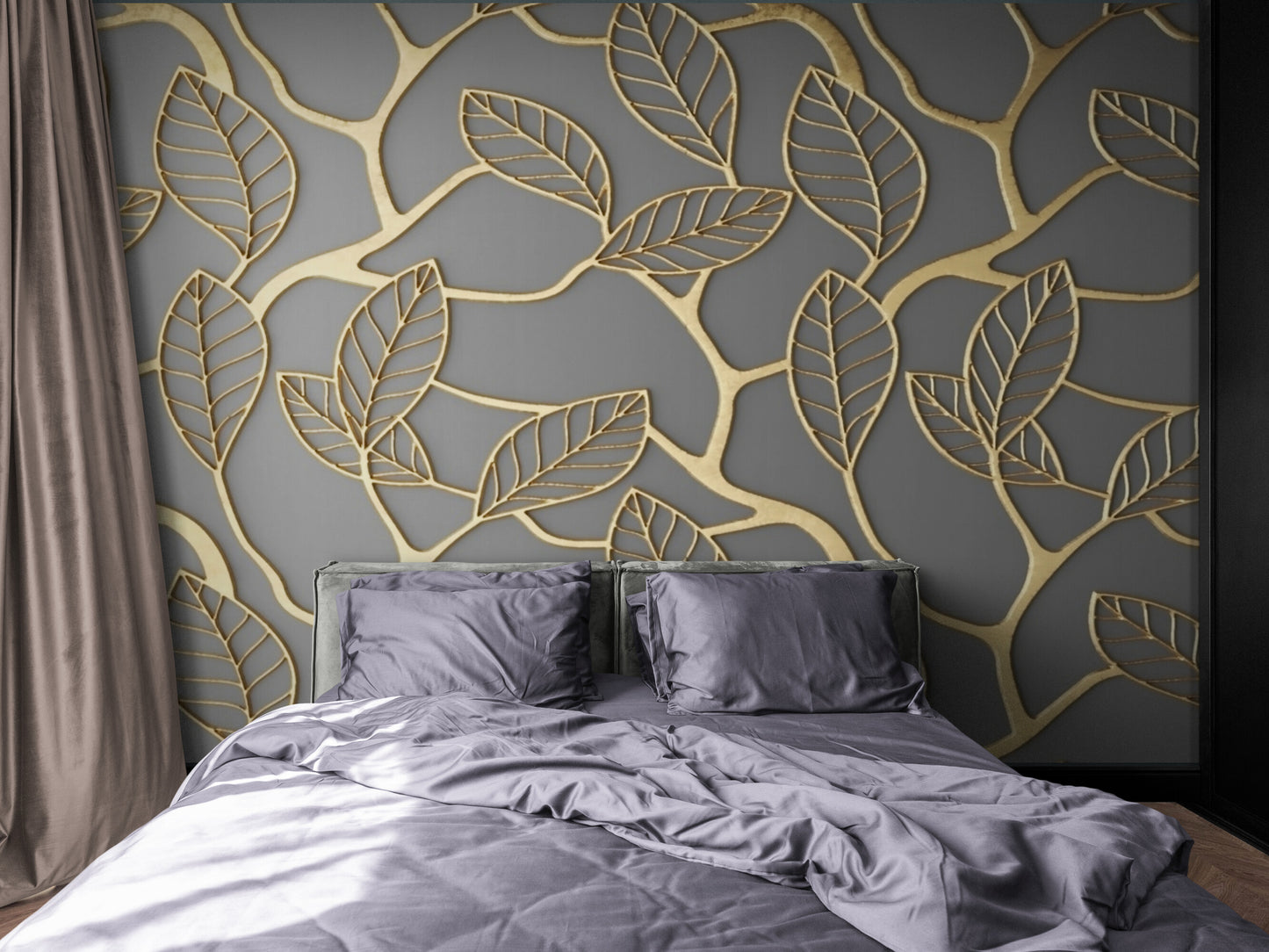 Wandbild mit goldenen Blättern, abstrakte Tapete in Grau und Gold, botanisches Wandbild zum Abziehen und Aufkleben, abnehmbare Tapete, selbstklebendes Wandbild für Schlafzimmer