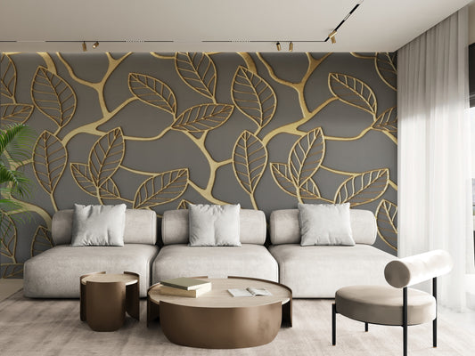 Wandbild mit goldenen Blättern, abstrakte Tapete in Grau und Gold, botanisches Wandbild zum Abziehen und Aufkleben, abnehmbare Tapete, selbstklebendes Wandbild für Schlafzimmer