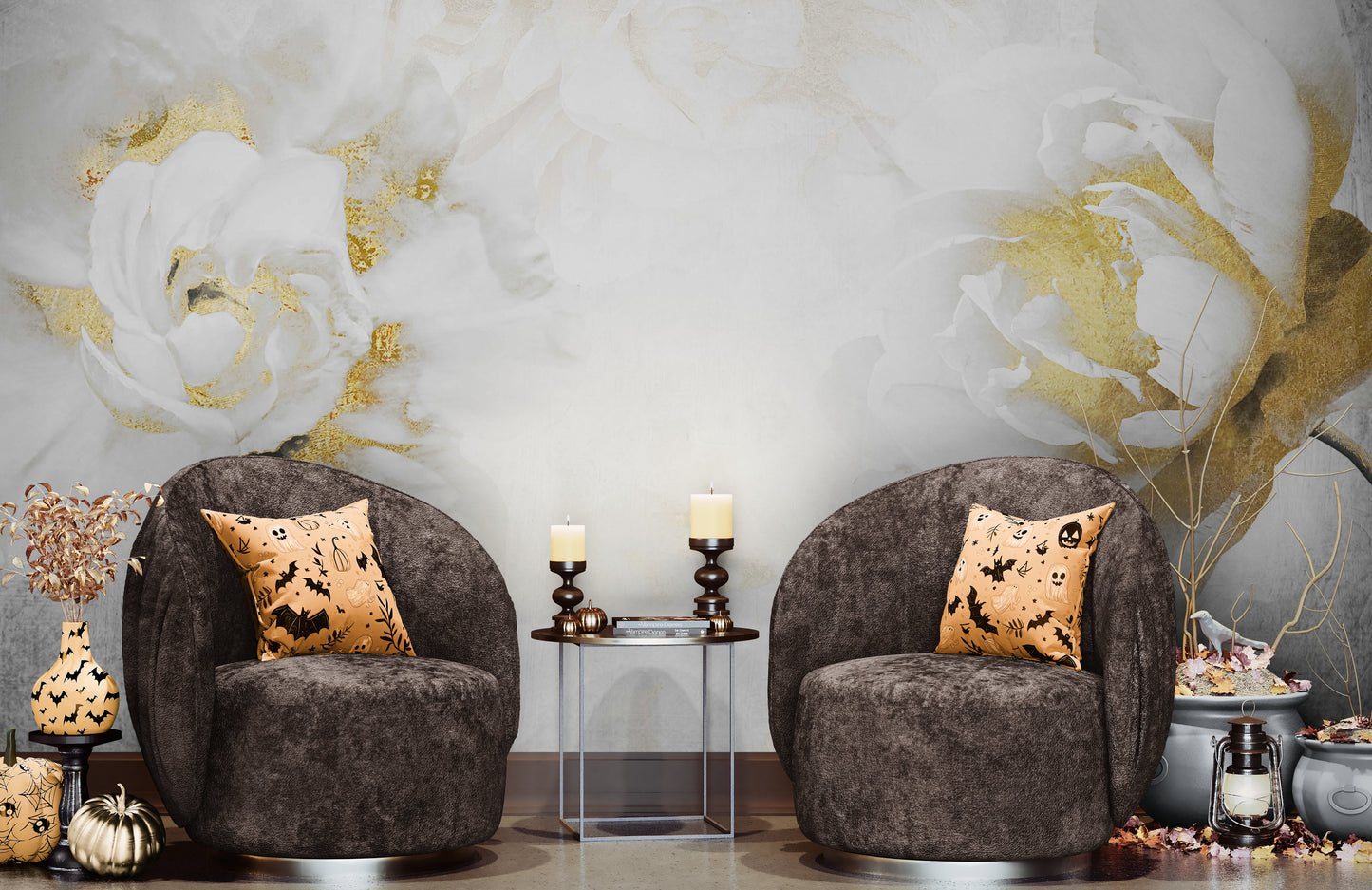 Pfingstrosentapete, extra großes florales Wandbild zum Abziehen und Aufkleben, selbstklebendes Wandbild in Weiß und Gold, Akzenttapete fürs Wohnzimmer