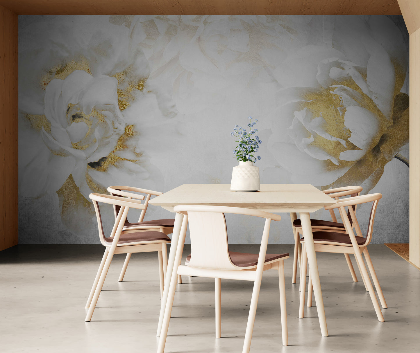 Pfingstrosentapete, extra großes florales Wandbild zum Abziehen und Aufkleben, selbstklebendes Wandbild in Weiß und Gold, Akzenttapete fürs Wohnzimmer