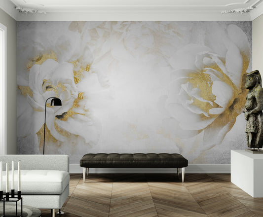 Pfingstrosentapete, extra großes florales Wandbild zum Abziehen und Aufkleben, selbstklebendes Wandbild in Weiß und Gold, Akzenttapete fürs Wohnzimmer