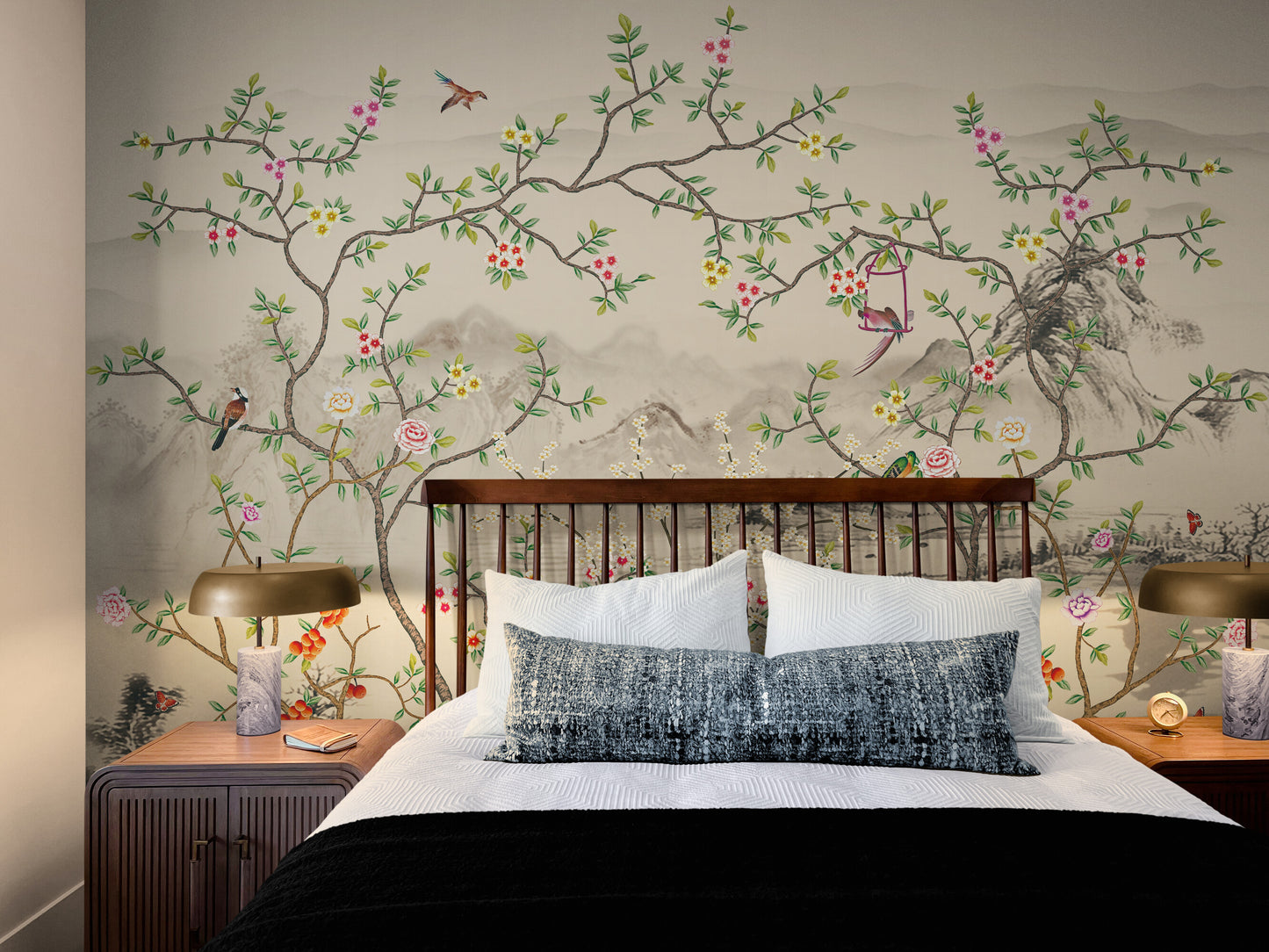 Chinoiserie Tapeten Wandbild, Botanische Tapete zum Abziehen und Aufkleben, Selbstklebende Vogeltapete, Extra großes Natur Wandbild