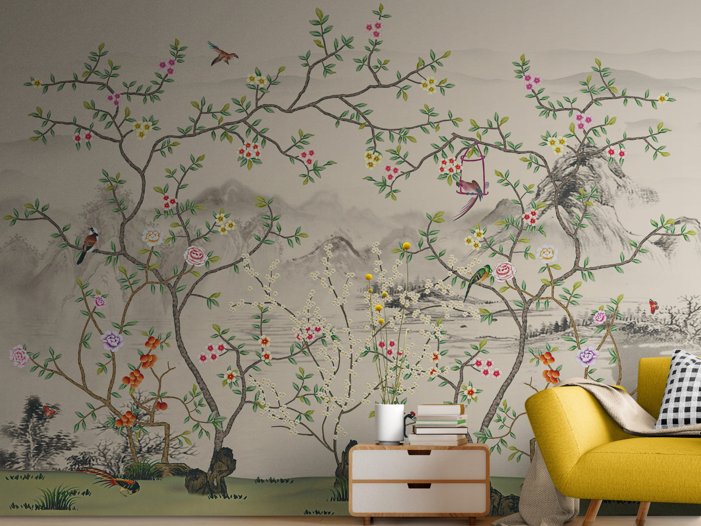 Chinoiserie Tapeten Wandbild, Botanische Tapete zum Abziehen und Aufkleben, Selbstklebende Vogeltapete, Extra großes Natur Wandbild