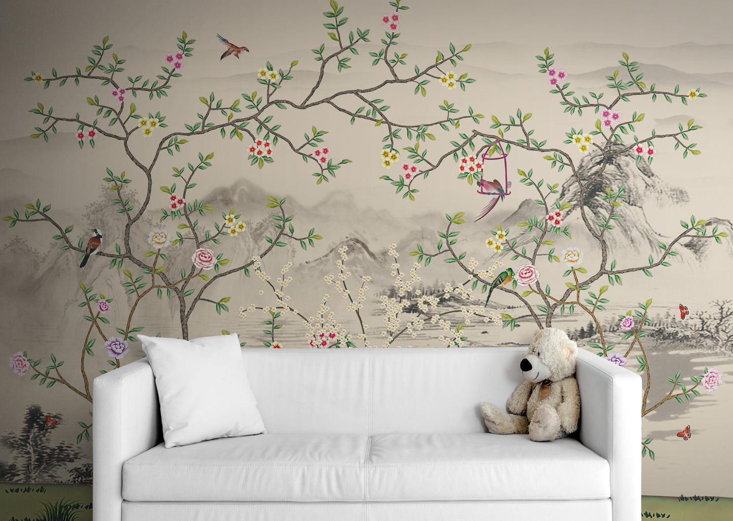 Chinoiserie Tapeten Wandbild, Botanische Tapete zum Abziehen und Aufkleben, Selbstklebende Vogeltapete, Extra großes Natur Wandbild