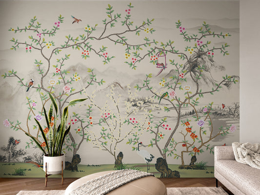Chinoiserie Tapeten Wandbild, Botanische Tapete zum Abziehen und Aufkleben, Selbstklebende Vogeltapete, Extra großes Natur Wandbild
