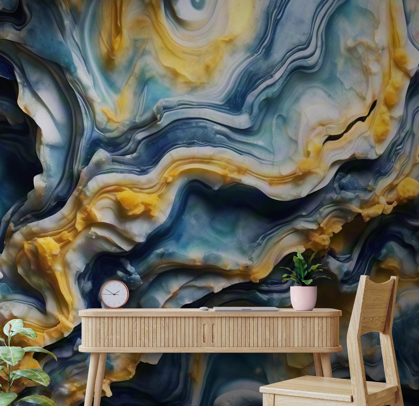 Extra große abstrakte Tapete, 3D-Effekt-Tapete, blaues und gelbes Wandbild, abnehmbare Tapete, Akzent-Wandbild