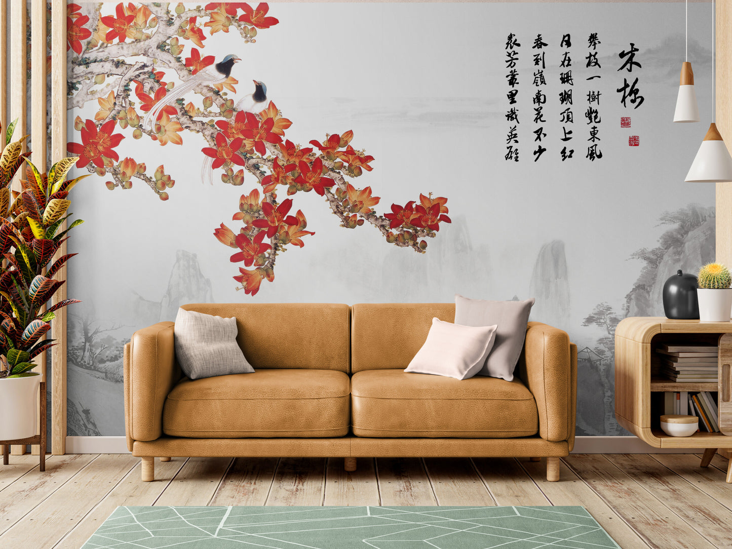 Orientalische Blumentapete zum Abziehen und Aufkleben, Sakura-Blüten-Tapete, selbstklebendes Wandbild aus Chinoiserie, Tapete mit Hieroglyphen