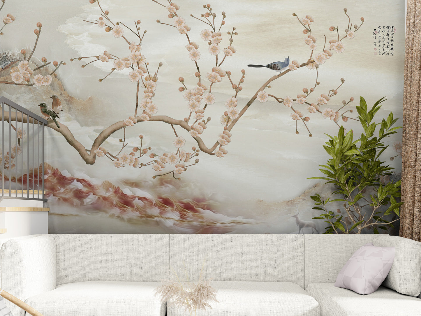 Große Chinoiserie-Tapete, Botanisches orientalisches Wandbild, Beige Tapete mit Vögeln, Abziehbare und klebende Tapete, Akzent selbstklebende Tapete