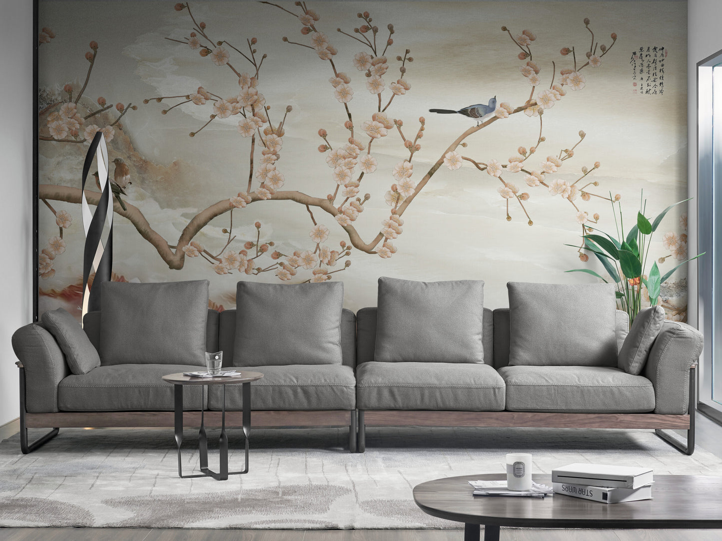 Große Chinoiserie-Tapete, Botanisches orientalisches Wandbild, Beige Tapete mit Vögeln, Abziehbare und klebende Tapete, Akzent selbstklebende Tapete