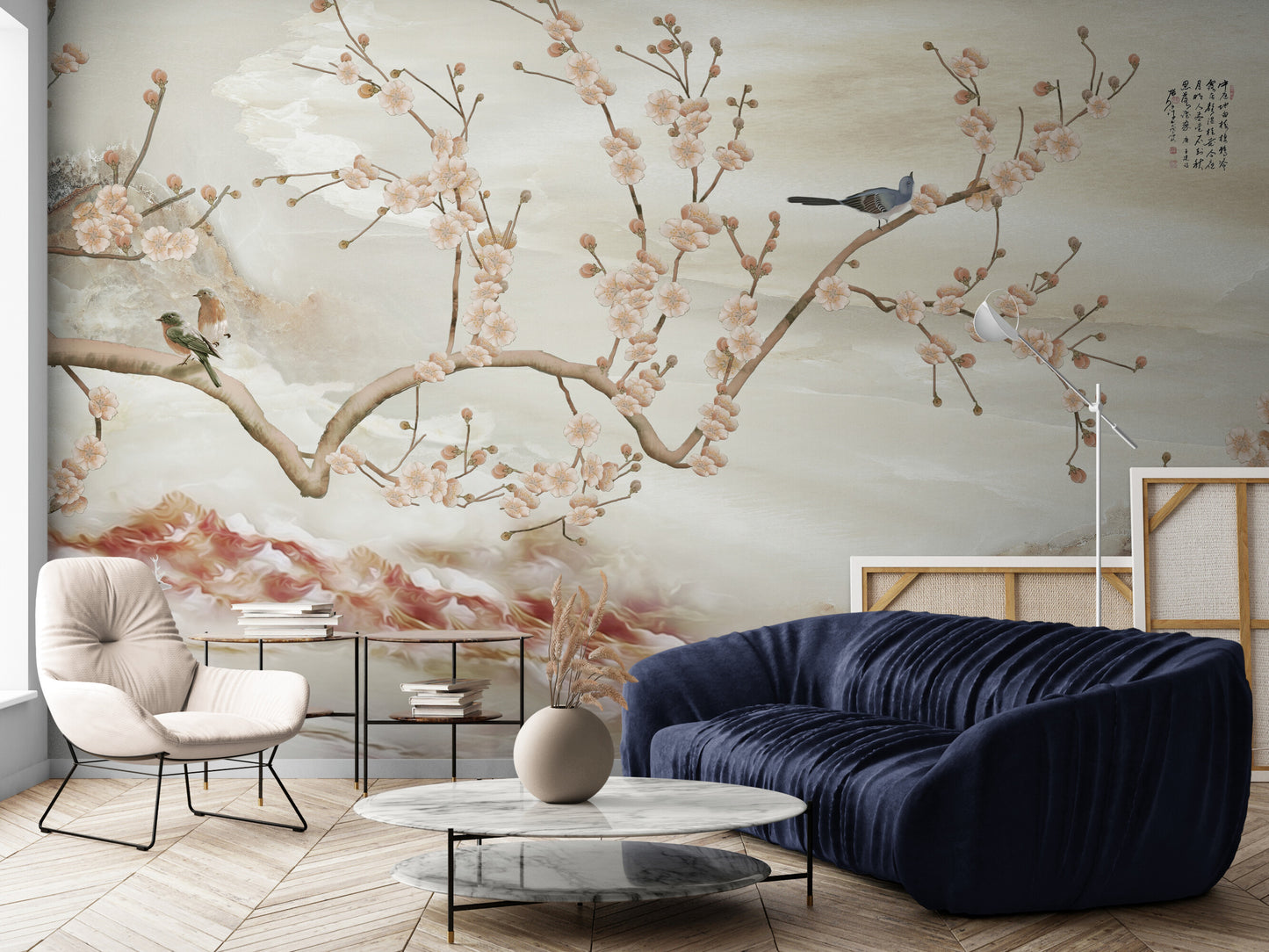 Große Chinoiserie-Tapete, Botanisches orientalisches Wandbild, Beige Tapete mit Vögeln, Abziehbare und klebende Tapete, Akzent selbstklebende Tapete