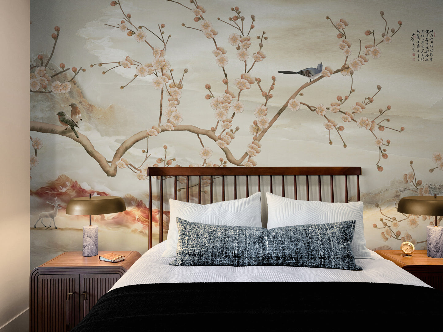 Große Chinoiserie-Tapete, Botanisches orientalisches Wandbild, Beige Tapete mit Vögeln, Abziehbare und klebende Tapete, Akzent selbstklebende Tapete