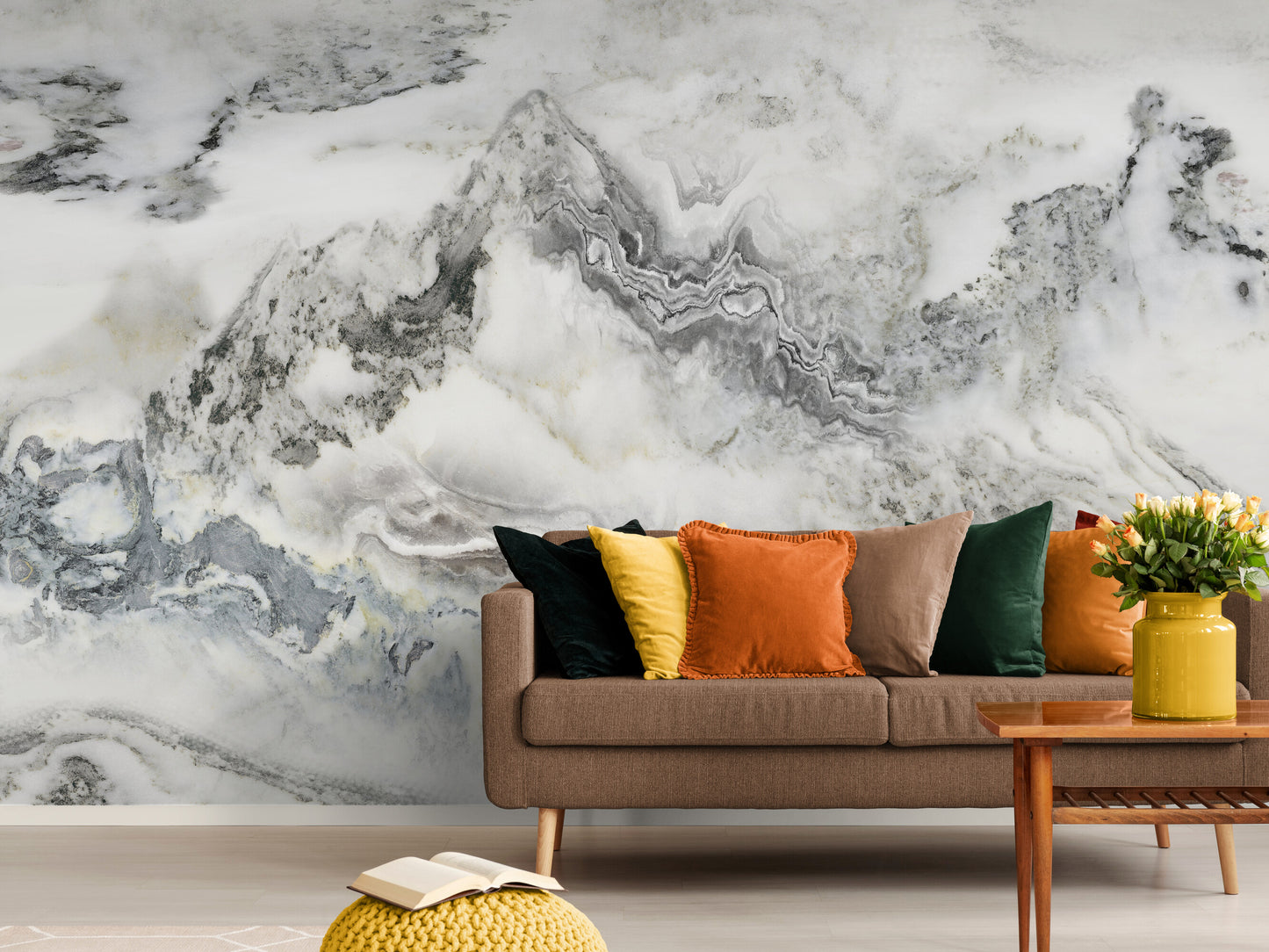 Schwarz-weißes Marmor-Tapeten-Wandbild, Abstrakte selbstklebende Tapete, Temporäres Akzent-Wandbild, Wandbild für Wohnzimmer, Abziehen und Aufkleben