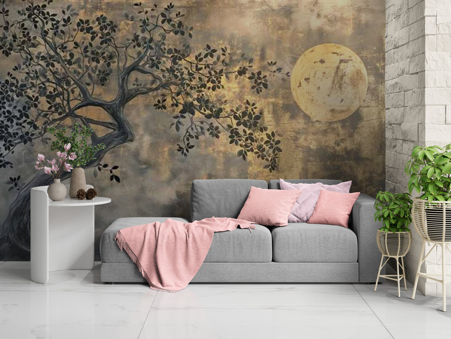Extra große Loft-Tapete, Abziehbares und aufklebbares Wandbild mit Mondbild, Braun-Gold-Tapetenwandbild, Selbstklebendes Natur-Wandbild, Temporäre Tapete für Wohnzimmer, Akzenttapete
