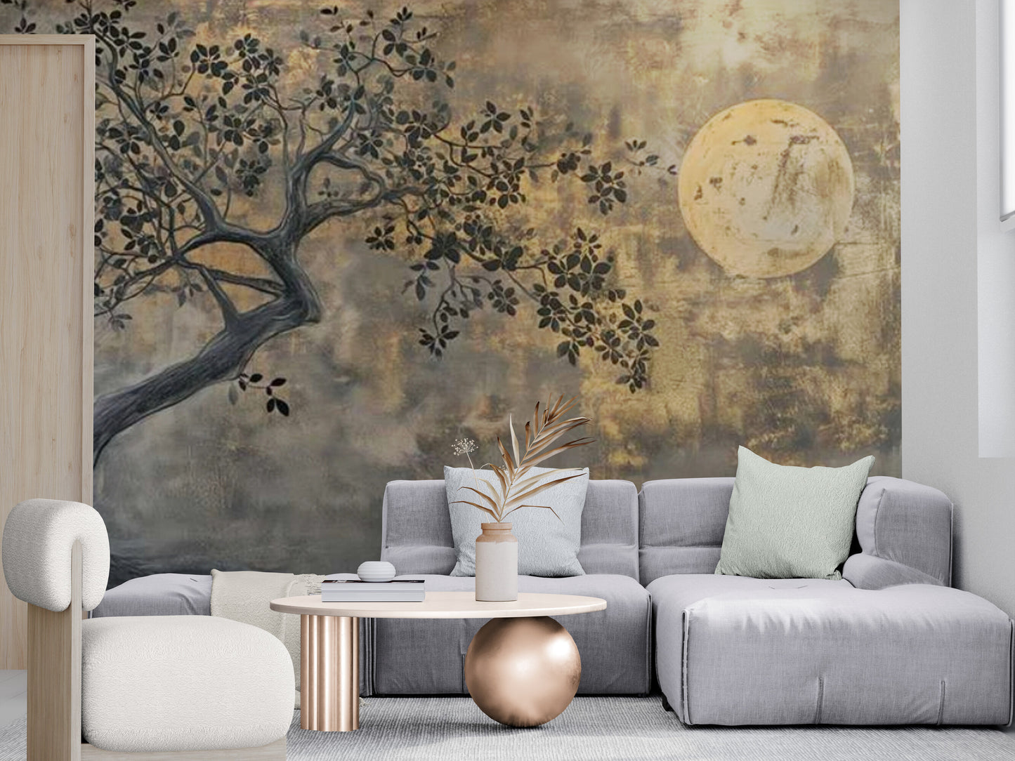 Extra große Loft-Tapete, Abziehbares und aufklebbares Wandbild mit Mondbild, Braun-Gold-Tapetenwandbild, Selbstklebendes Natur-Wandbild, Temporäre Tapete für Wohnzimmer, Akzenttapete