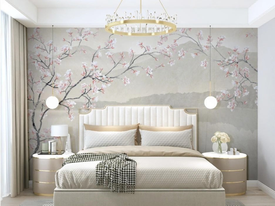 Fototapete mit Sakura-Zweig, Vinyl-Fototapete im asiatischen Stil „Sakura im Morgenlicht“