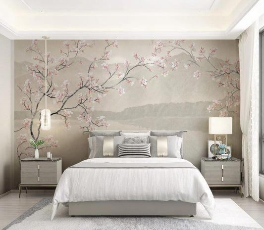 Fototapete mit Sakura-Zweig, Vinyl-Fototapete im asiatischen Stil „Sakura im Morgenlicht“