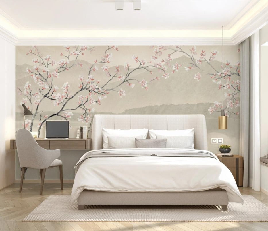 Fototapete mit Sakura-Zweig, Vinyl-Fototapete im asiatischen Stil „Sakura im Morgenlicht“