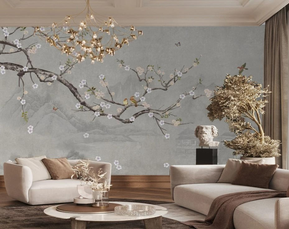 Neutrale Fototapete im asiatischen Stil mit Sakura „Zenblüte“