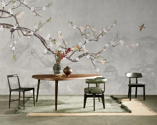 Neutrale Fototapete im asiatischen Stil mit Sakura „Zenblüte“