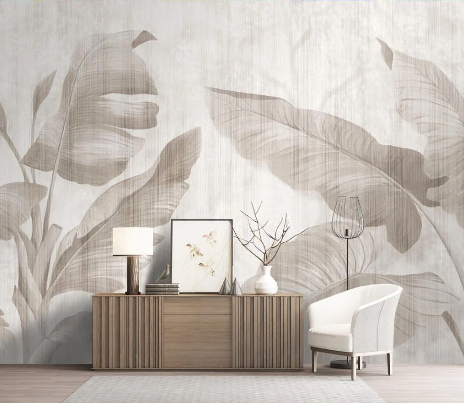 Neutrale Fototapete mit Bananenblättern „Stille Tropen“