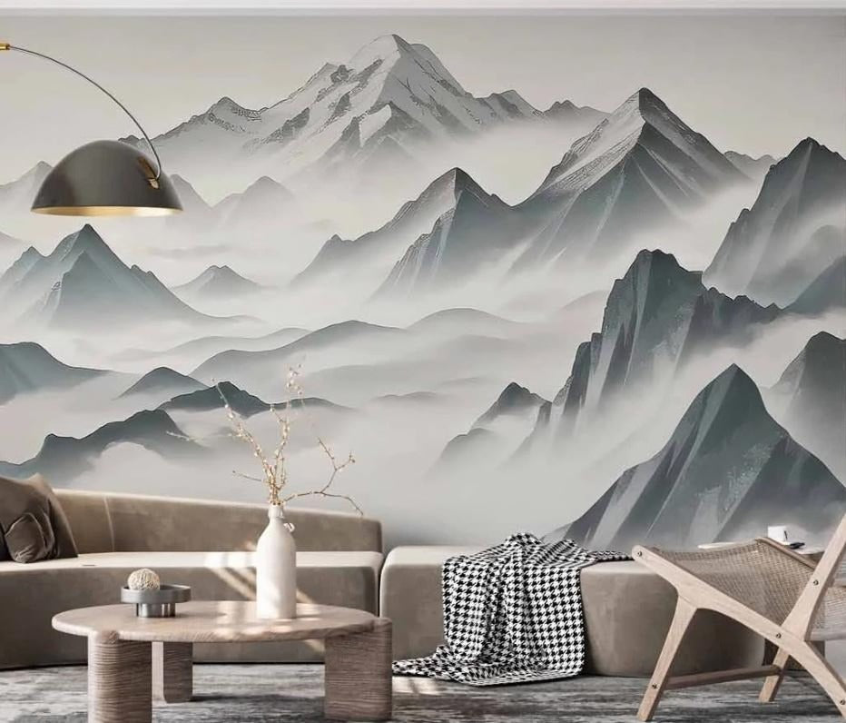 Abstrakte Fototapete mit Bergmotiv in Grautönen „Nebelhorizont“