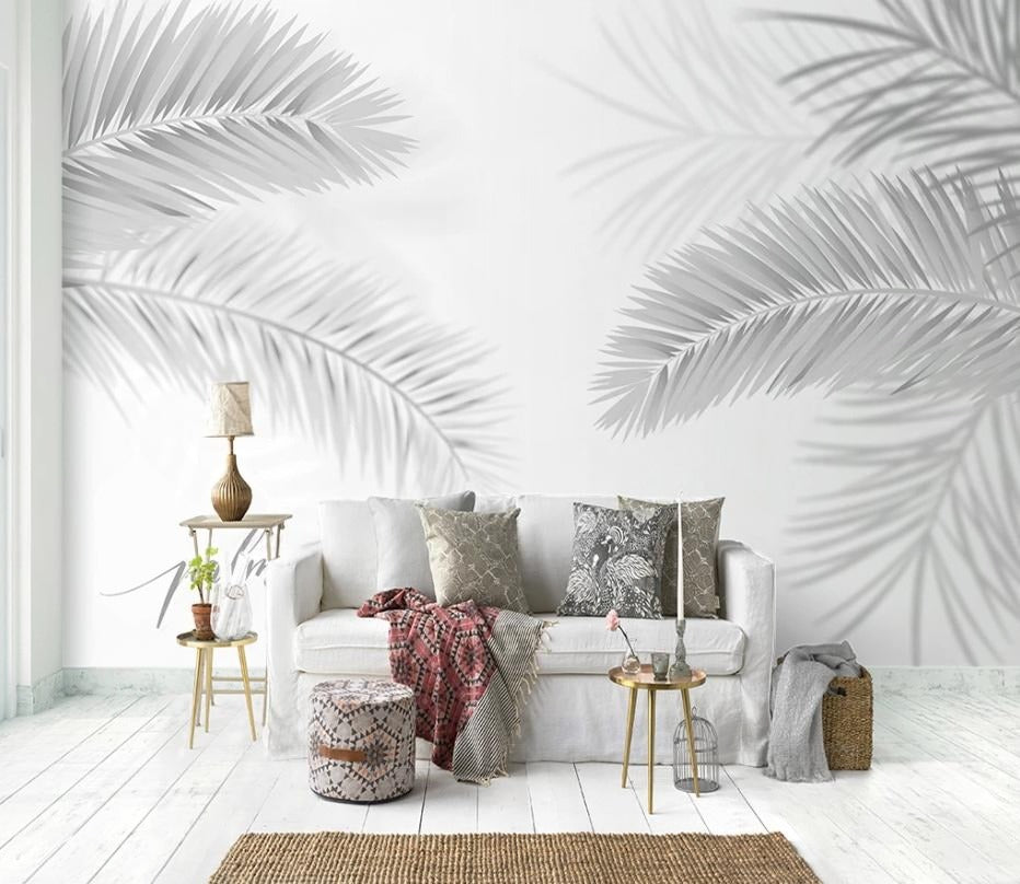 Schwarz-weiße, neutrale Fototapete mit Blättern „Blätterklang“