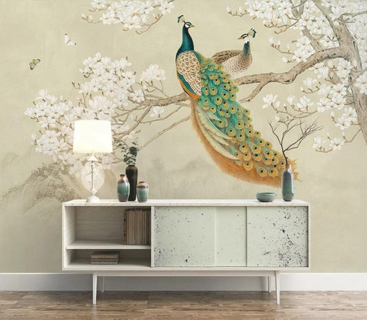 Selbstklebende Fototapete mit Pfau und Vögeln „König der Federn“
