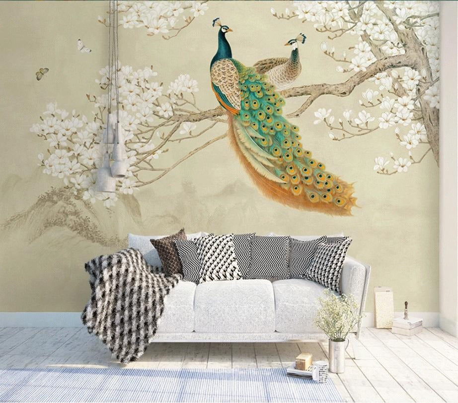 Selbstklebende Fototapete mit Pfau und Vögeln „König der Federn“