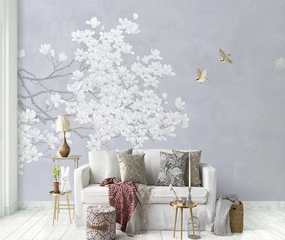 Helle Fototapete mit Magnolienblüten, Fototapete mit blühendem Zweig „Magnolien im Morgenlicht“