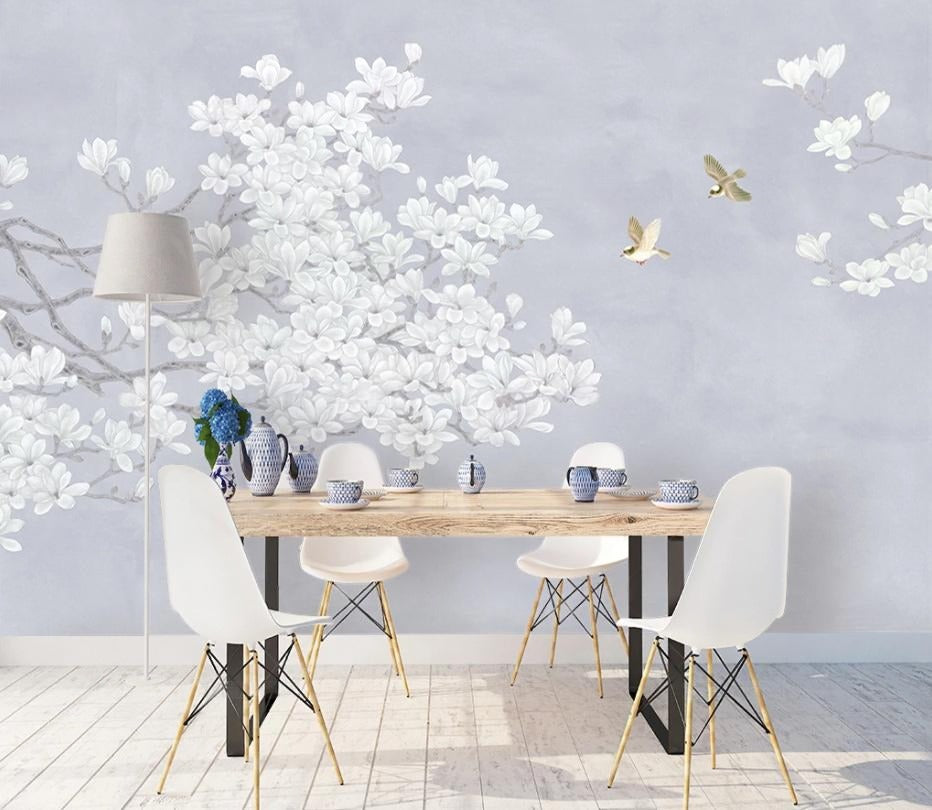 Helle Fototapete mit Magnolienblüten, Fototapete mit blühendem Zweig „Magnolien im Morgenlicht“
