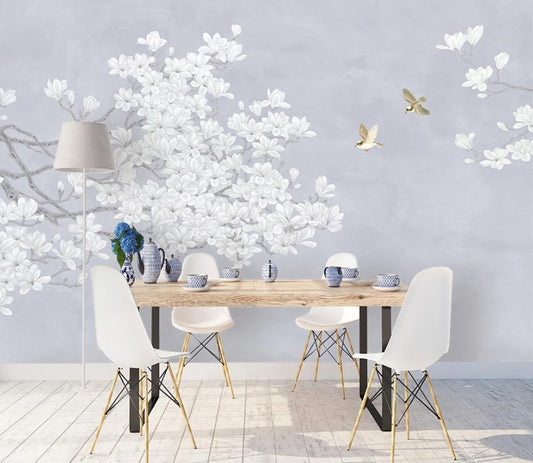 Helle Fototapete mit Magnolienblüten, Fototapete mit blühendem Zweig „Magnolien im Morgenlicht“