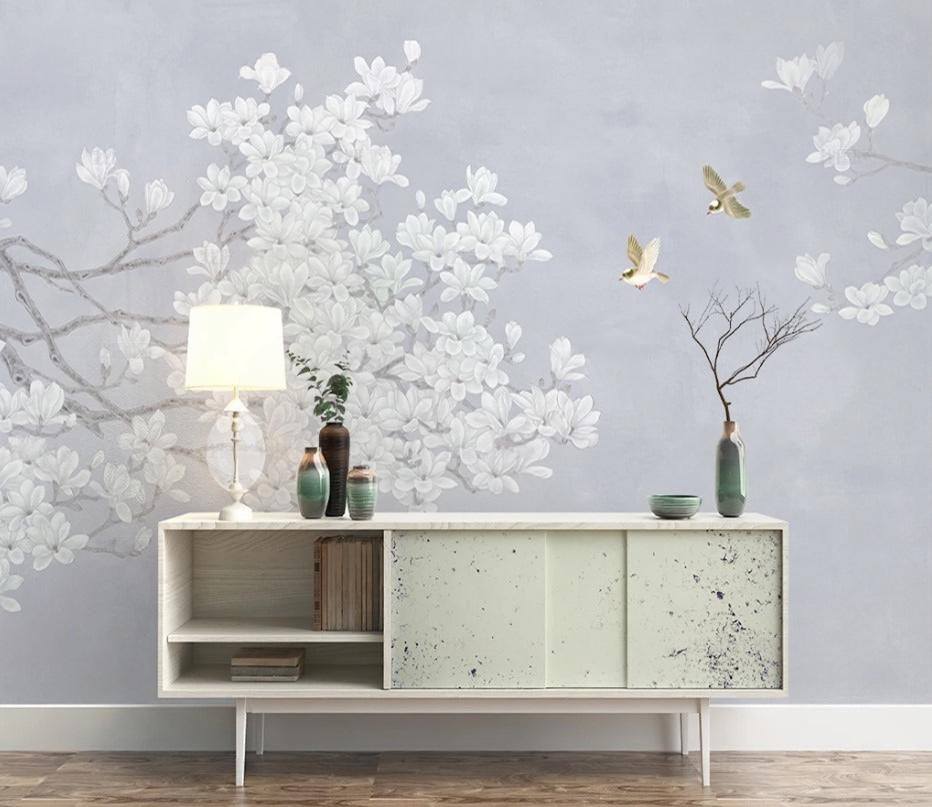 Helle Fototapete mit Magnolienblüten, Fototapete mit blühendem Zweig „Magnolien im Morgenlicht“