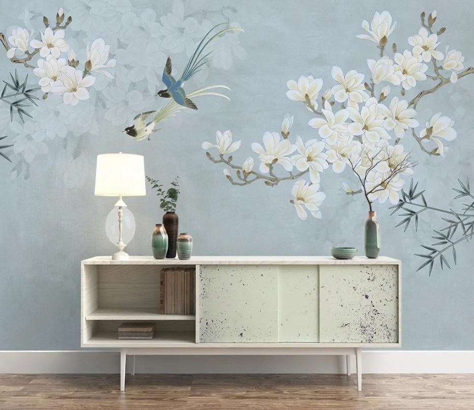 Fototapete mit blühendem Baumzweig, Fototapete mit Blumen „Vogel im Blütenwind“