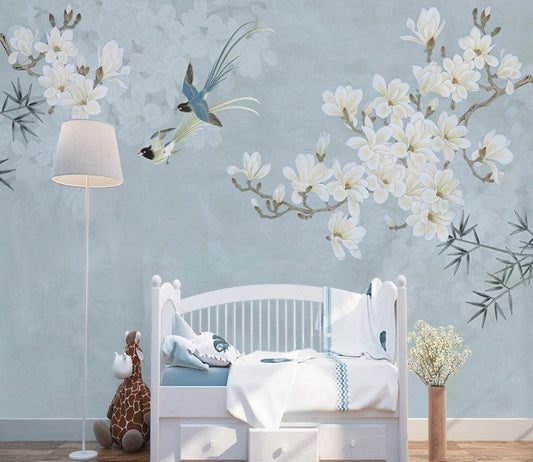 Fototapete mit blühendem Baumzweig, Fototapete mit Blumen „Vogel im Blütenwind“
