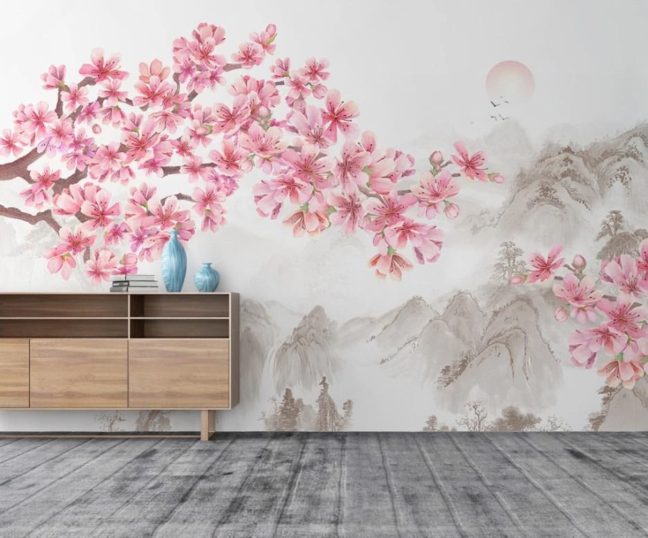 Fototapete im asiatischen Stil mit Blumen und blühendem Magnolienzweig „Magnolienflüstern“