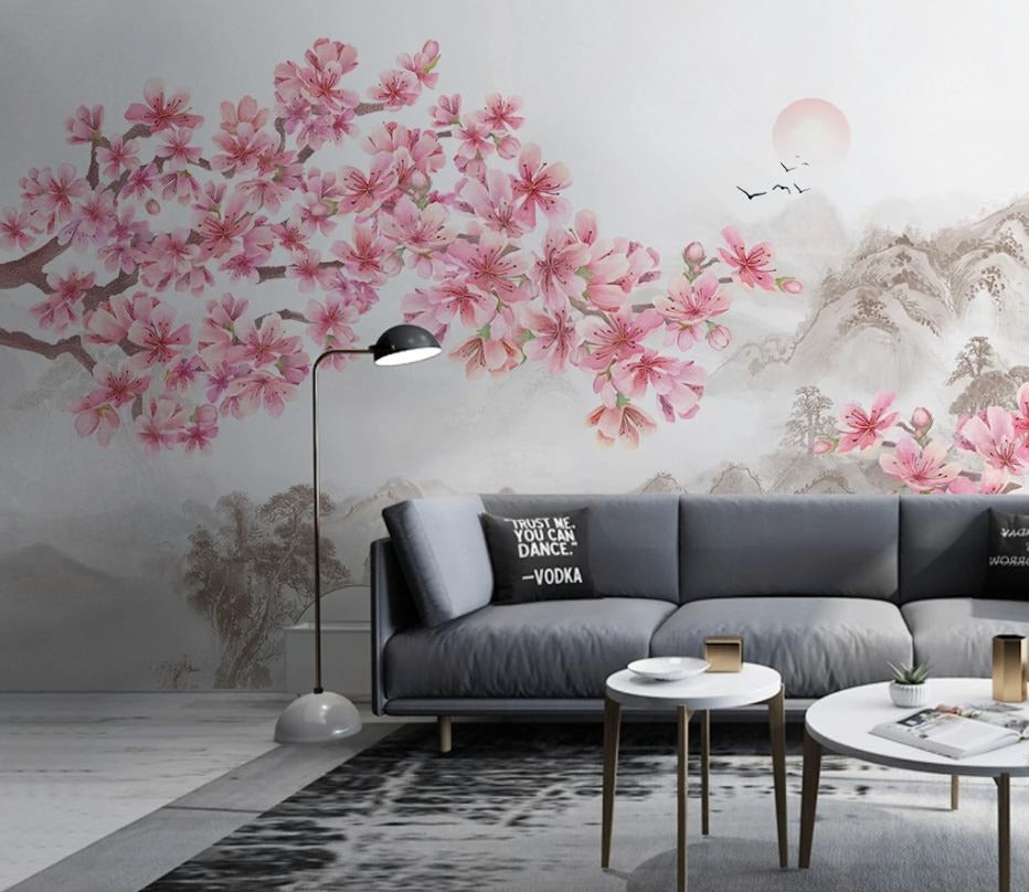 Fototapete im asiatischen Stil mit Blumen und blühendem Magnolienzweig „Magnolienflüstern“