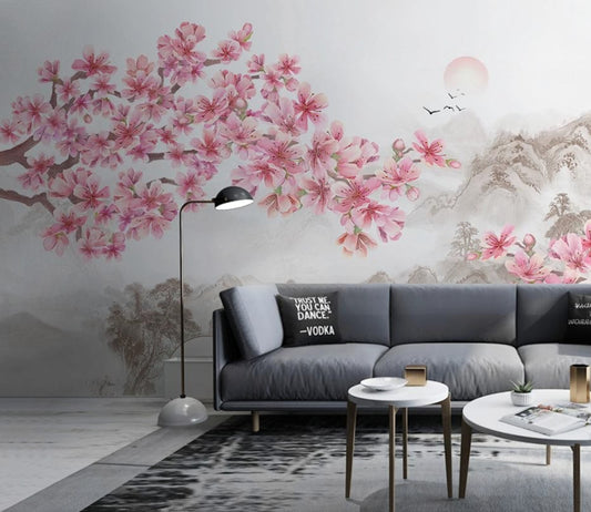 Fototapete im asiatischen Stil mit Blumen und blühendem Magnolienzweig „Magnolienflüstern“