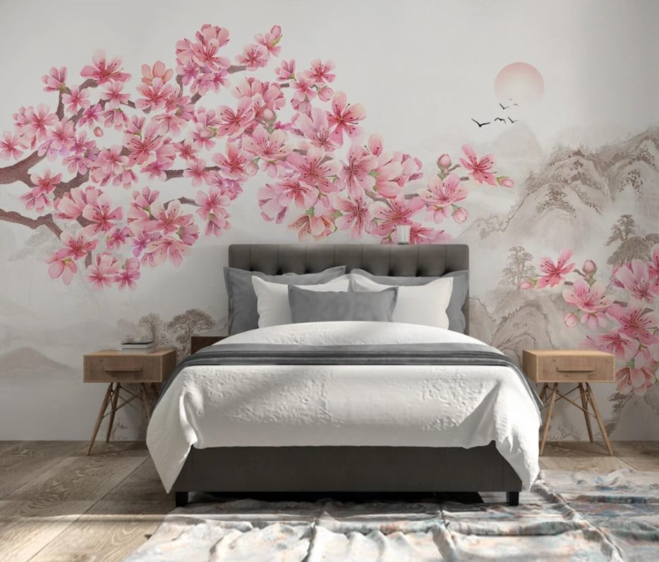 Fototapete im asiatischen Stil mit Blumen und blühendem Magnolienzweig „Magnolienflüstern“