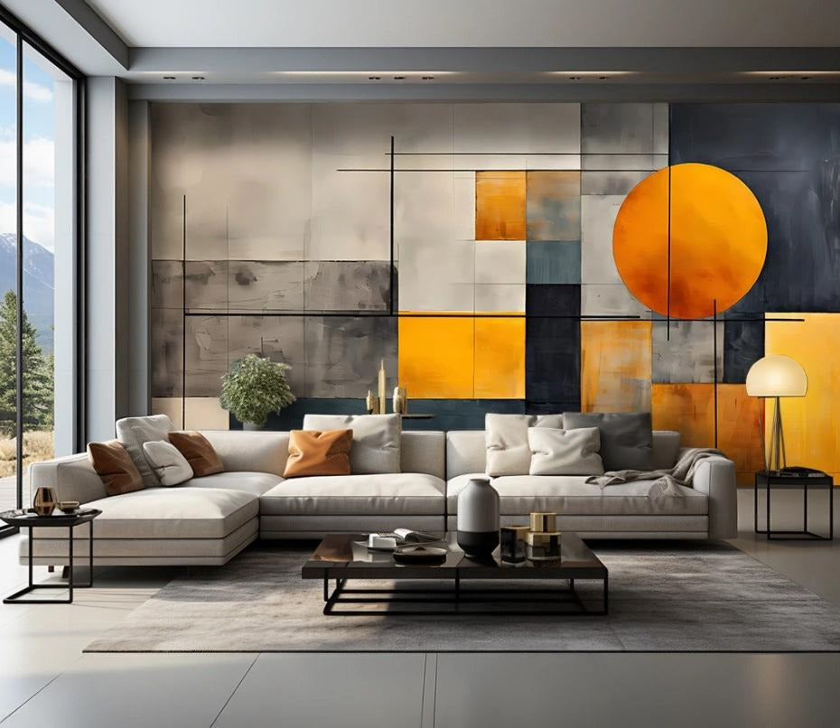 Abstrakte Fototapete mit geometrischem Muster in Grau-Orange „Sonnengeometrie“