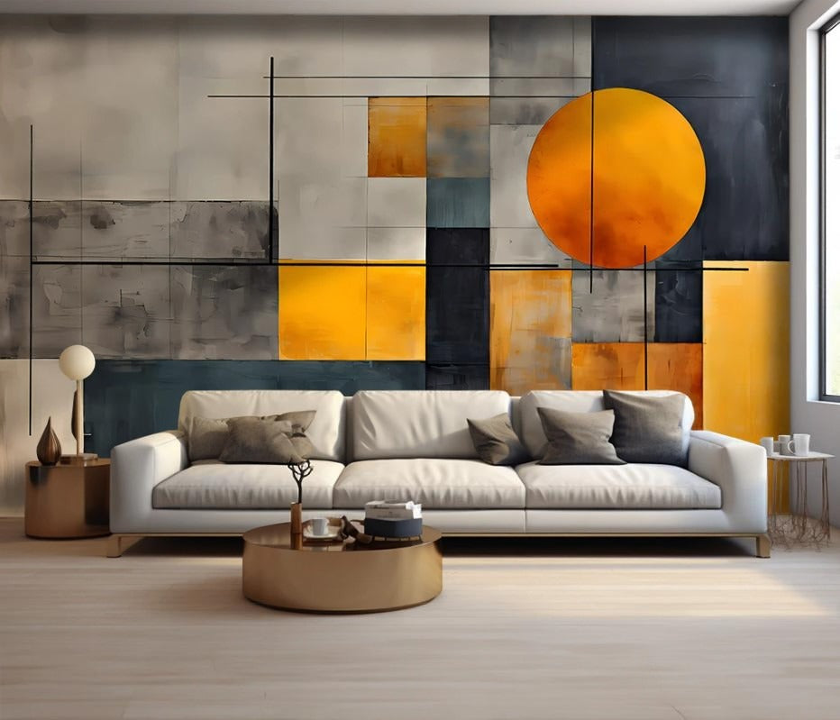 Abstrakte Fototapete mit geometrischem Muster in Grau-Orange „Sonnengeometrie“