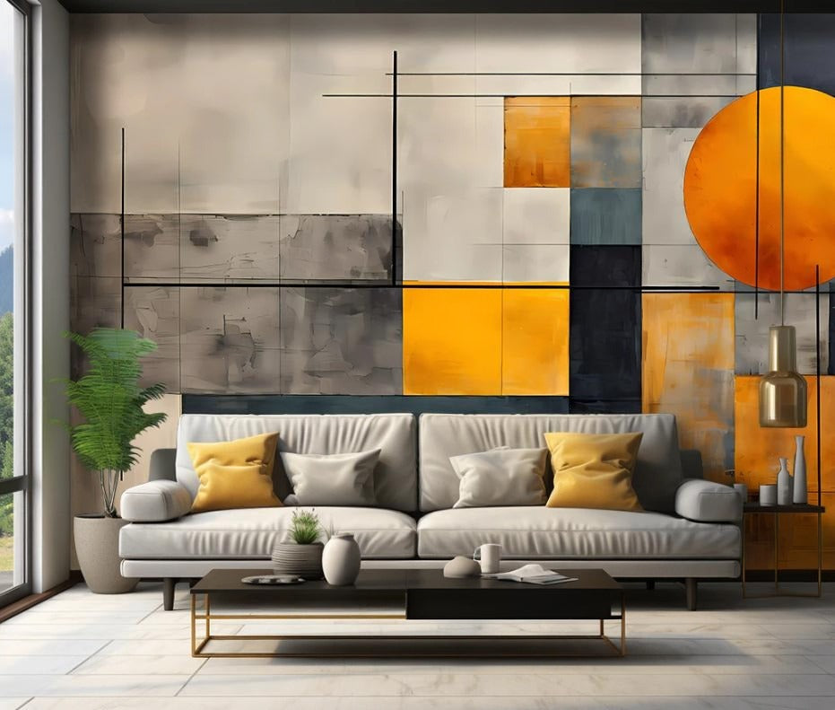 Abstrakte Fototapete mit geometrischem Muster in Grau-Orange „Sonnengeometrie“