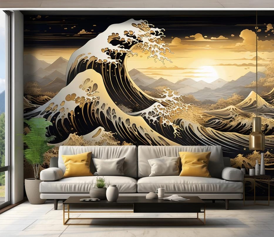Selbstklebende Fototapete in Schwarz-Gold mit Wellenmotiv „Goldene Wellen“