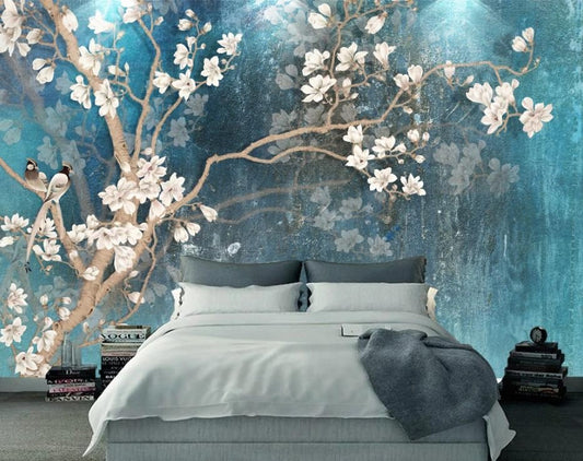 Blaue Fototapete mit Magnolienblüten im asiatischen Stil „Himmlische Magnolie“