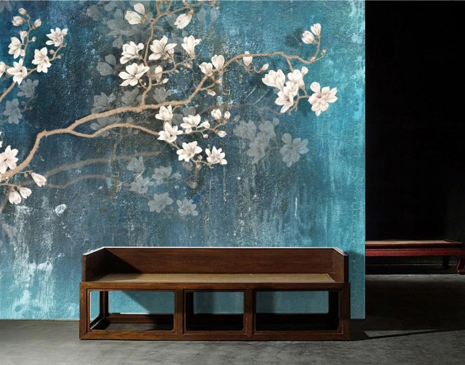 Blaue Fototapete mit Magnolienblüten im asiatischen Stil „Himmlische Magnolie“