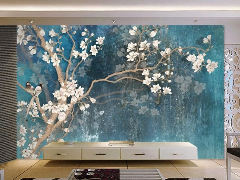 Blaue Fototapete mit Magnolienblüten im asiatischen Stil „Himmlische Magnolie“