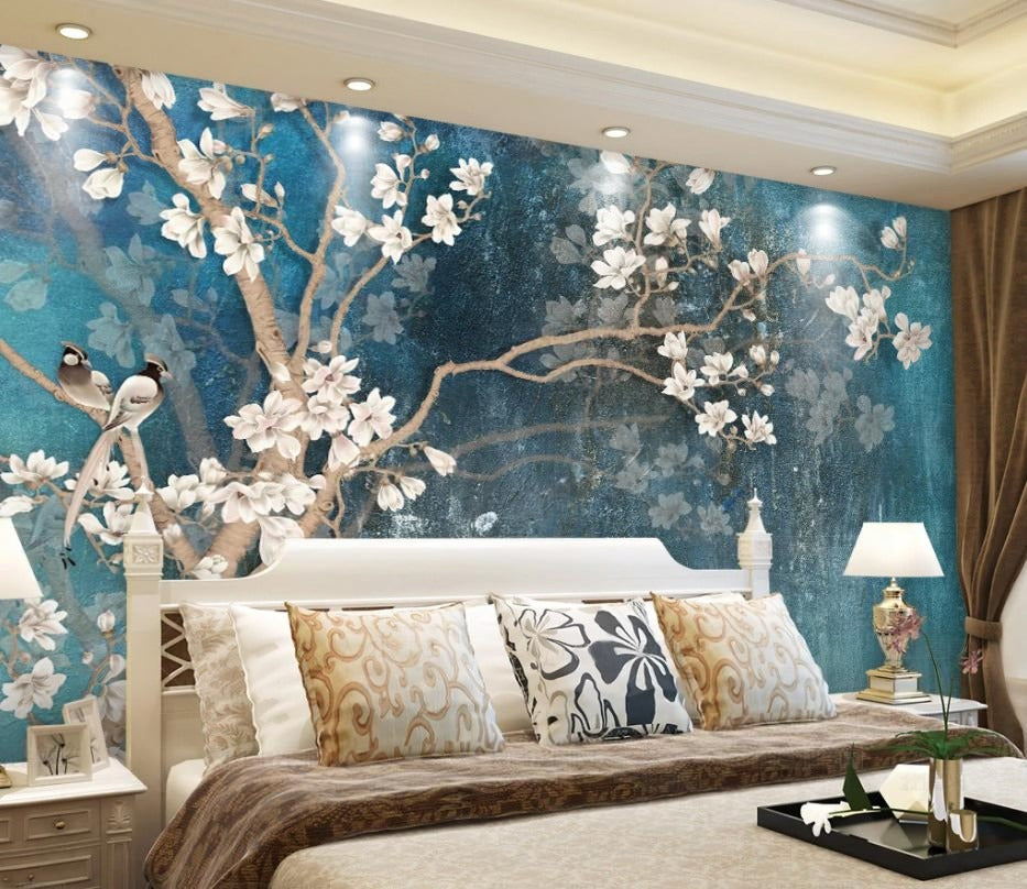 Blaue Fototapete mit Magnolienblüten im asiatischen Stil „Himmlische Magnolie“