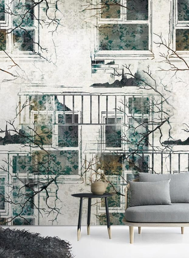Temporäre Fototapete mit Gebäude- und Fenstermotiv für das Interieur „Stadtblick“