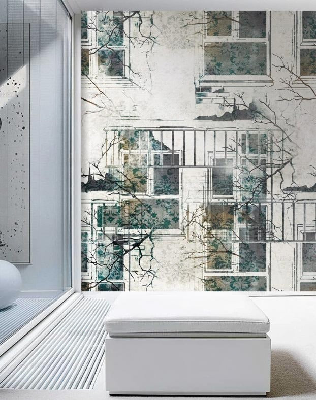 Temporäre Fototapete mit Gebäude- und Fenstermotiv für das Interieur „Stadtblick“
