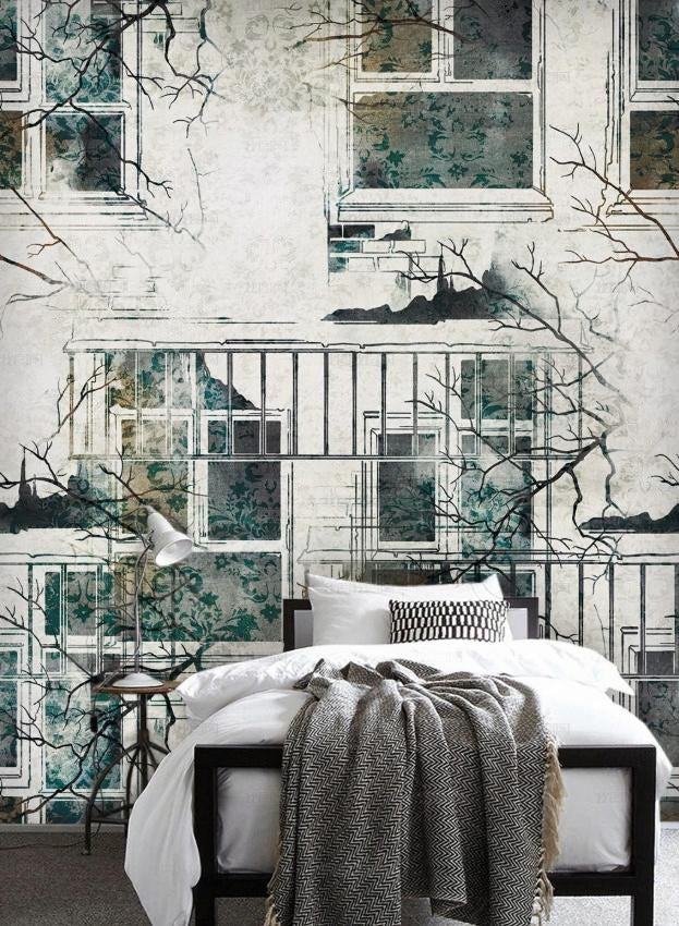 Temporäre Fototapete mit Gebäude- und Fenstermotiv für das Interieur „Stadtblick“